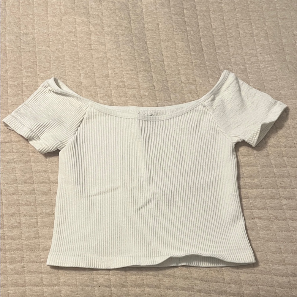 By Together Cream Off-Shoulder Ribbed Crop Top